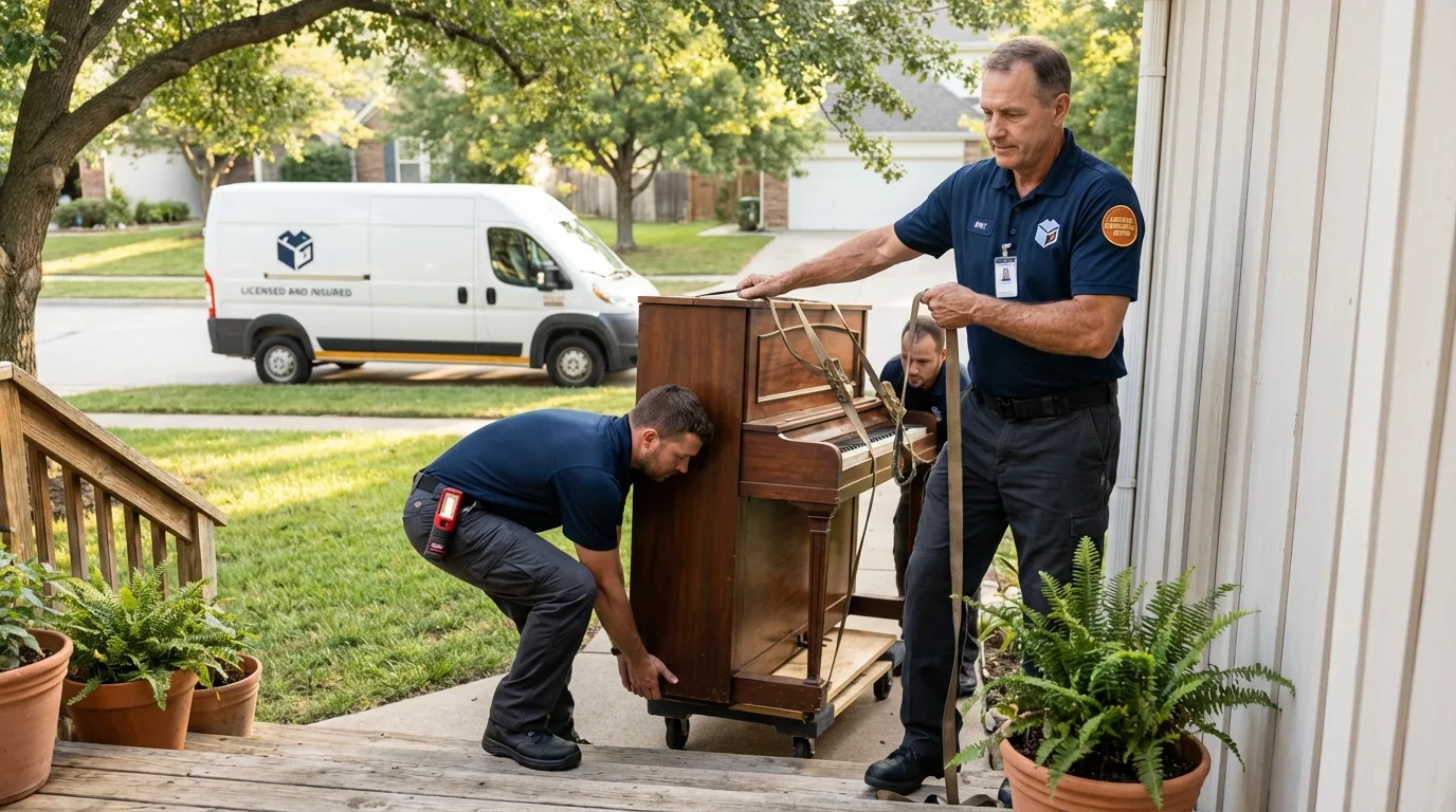 Licensed piano movers securing grand piano in Cottage Grove, MN