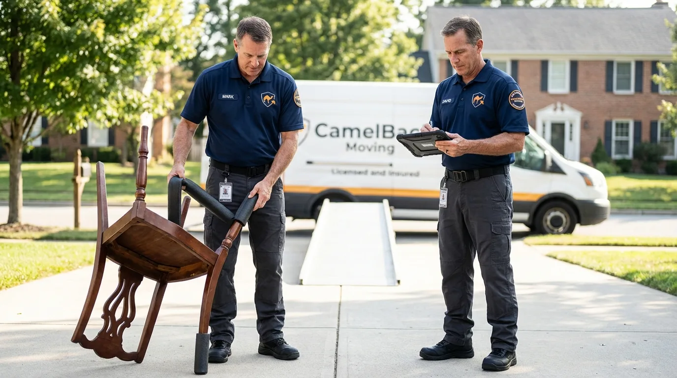 Movers inspecting furniture for damage prevention before loading in Cottage Grove, MN