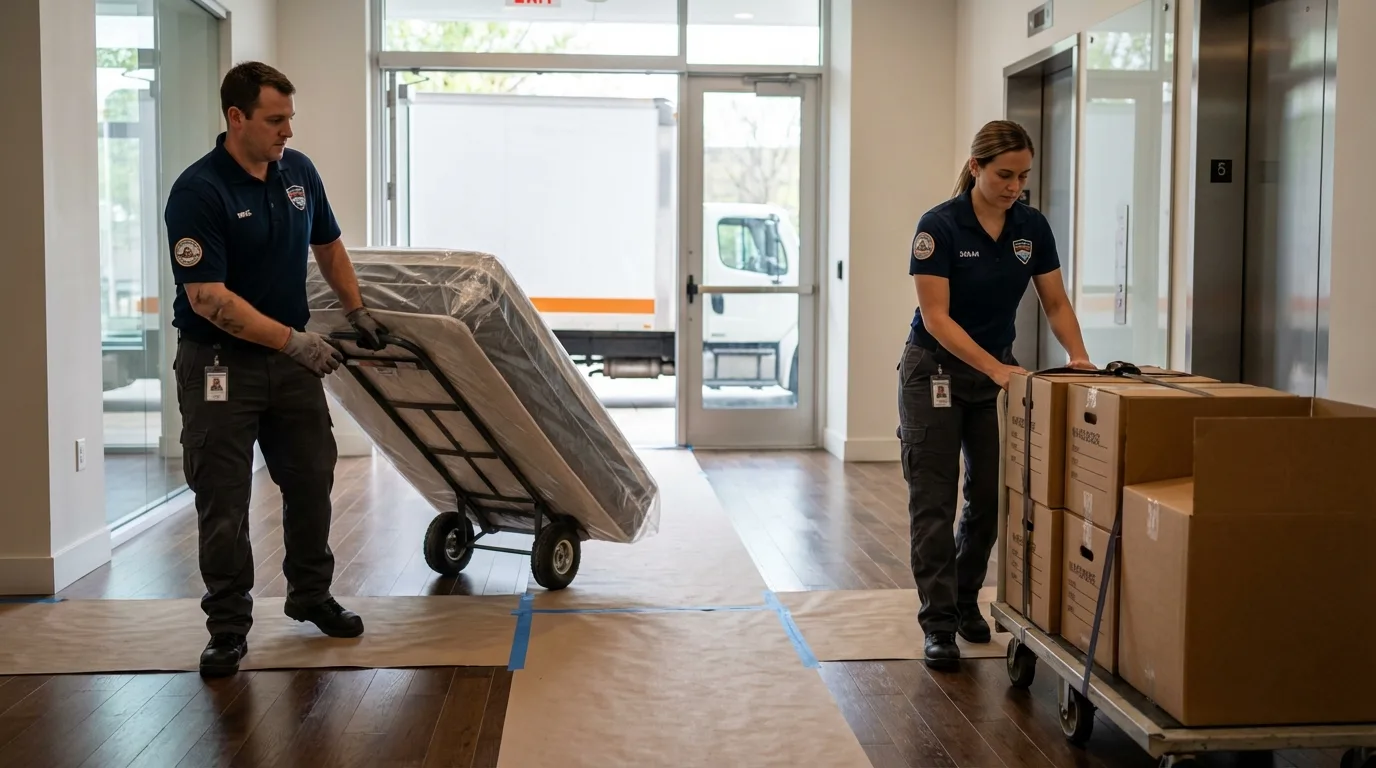 Professional apartment movers loading elevator in Cottage Grove, MN